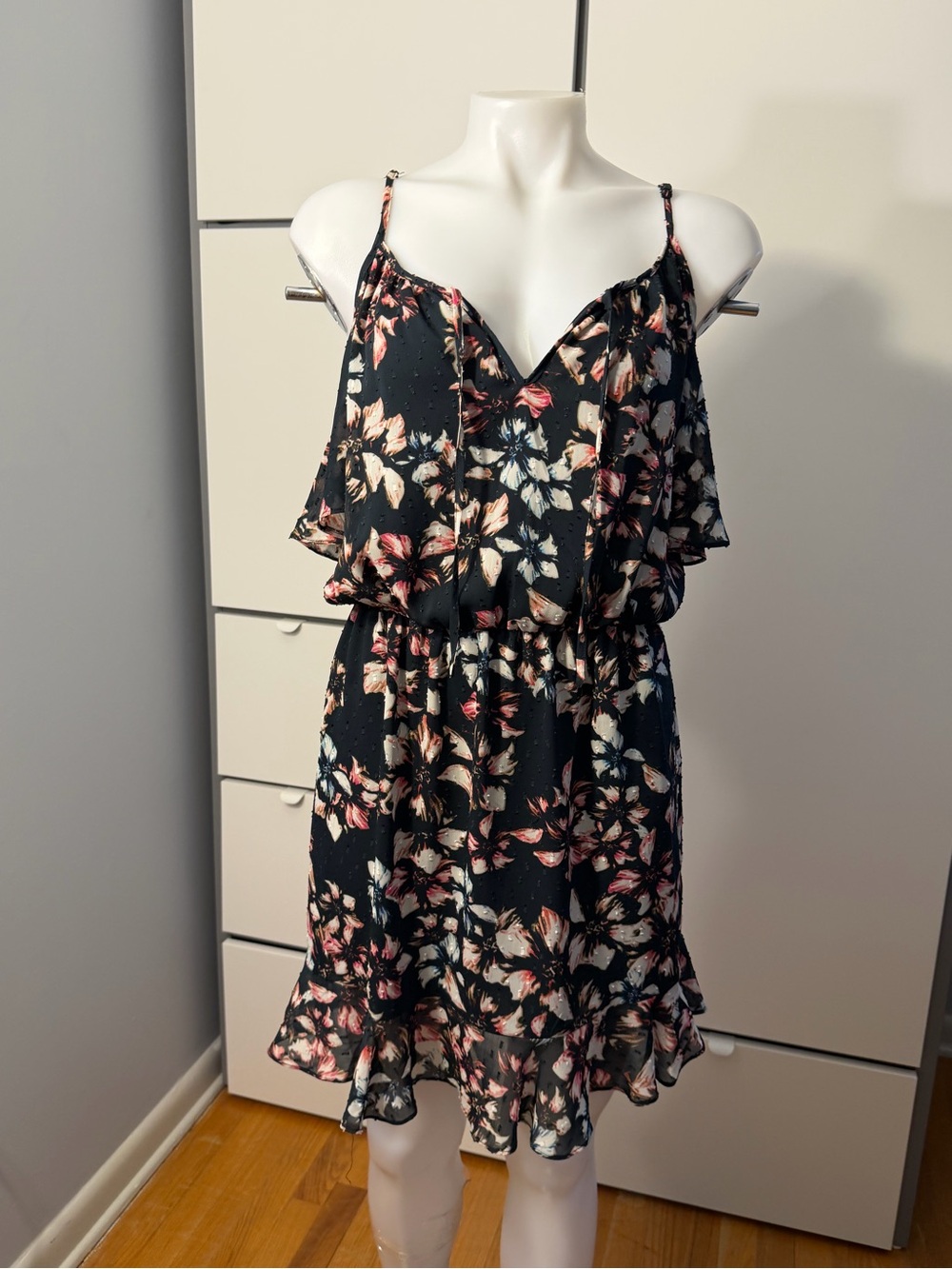 Aqua Black Floral Spaghetti-Strap Mini Dress
